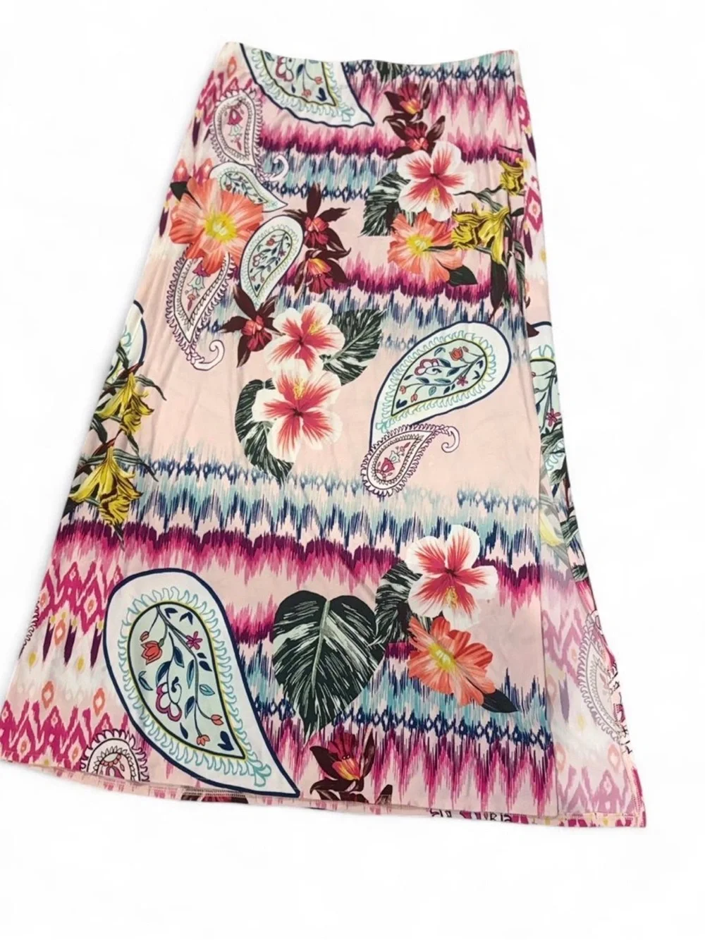 Chico’s 1 Tropical Floral Paisley Maxi Skirt with Side Slit in Peach and Pink
